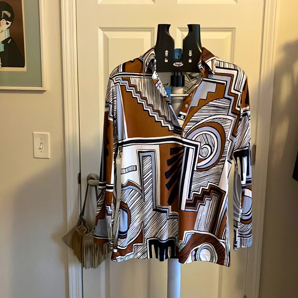 Vintage 1970s Geometric Mod Blouse | Brown Blue Abstract Print | Union Made USA
